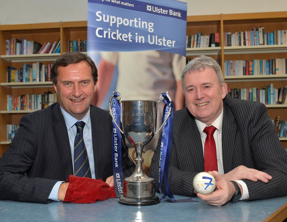 Peter McMorran, President of the Northern Cricket Union (left) and Stephen Cruise of Ulster Bank make the draws for this season's Ulster Bank Schools Cups. (© Rowland White / PressEye)
